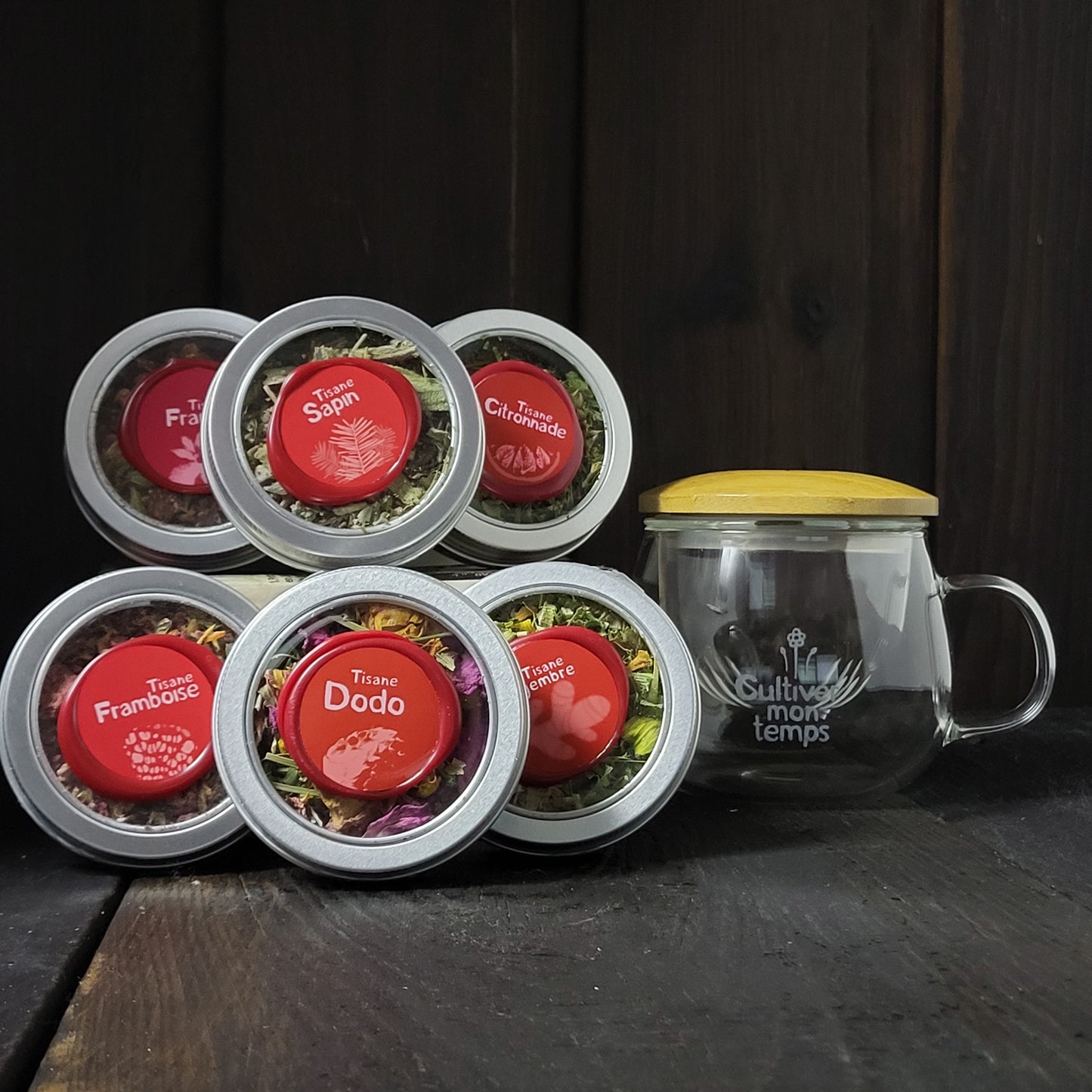 Tasse, infuseur et 6 tisanes 60ml fraise, sapin, citronnade, framboise, dodo et gingembre