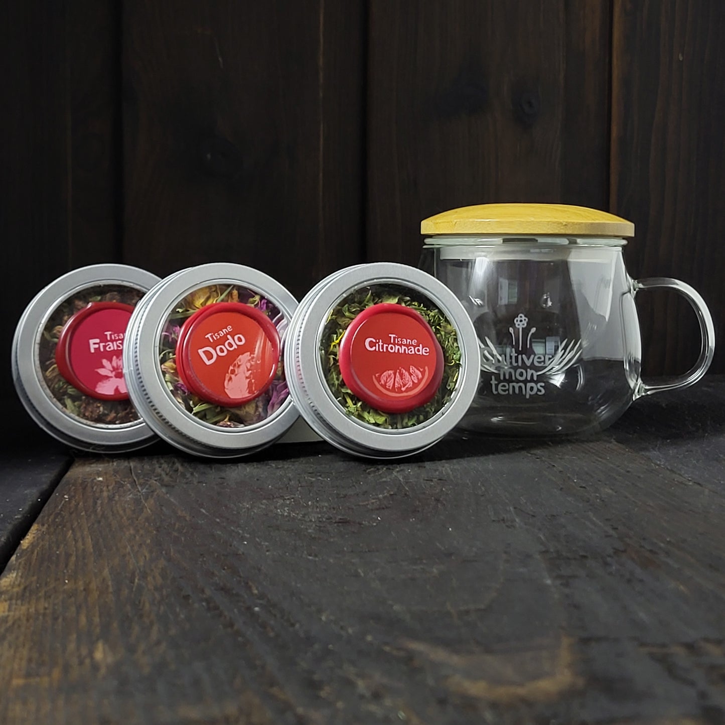 Tasse, infuseur et collection de 3 tisanes 60ml fraise, dodo et citronnade