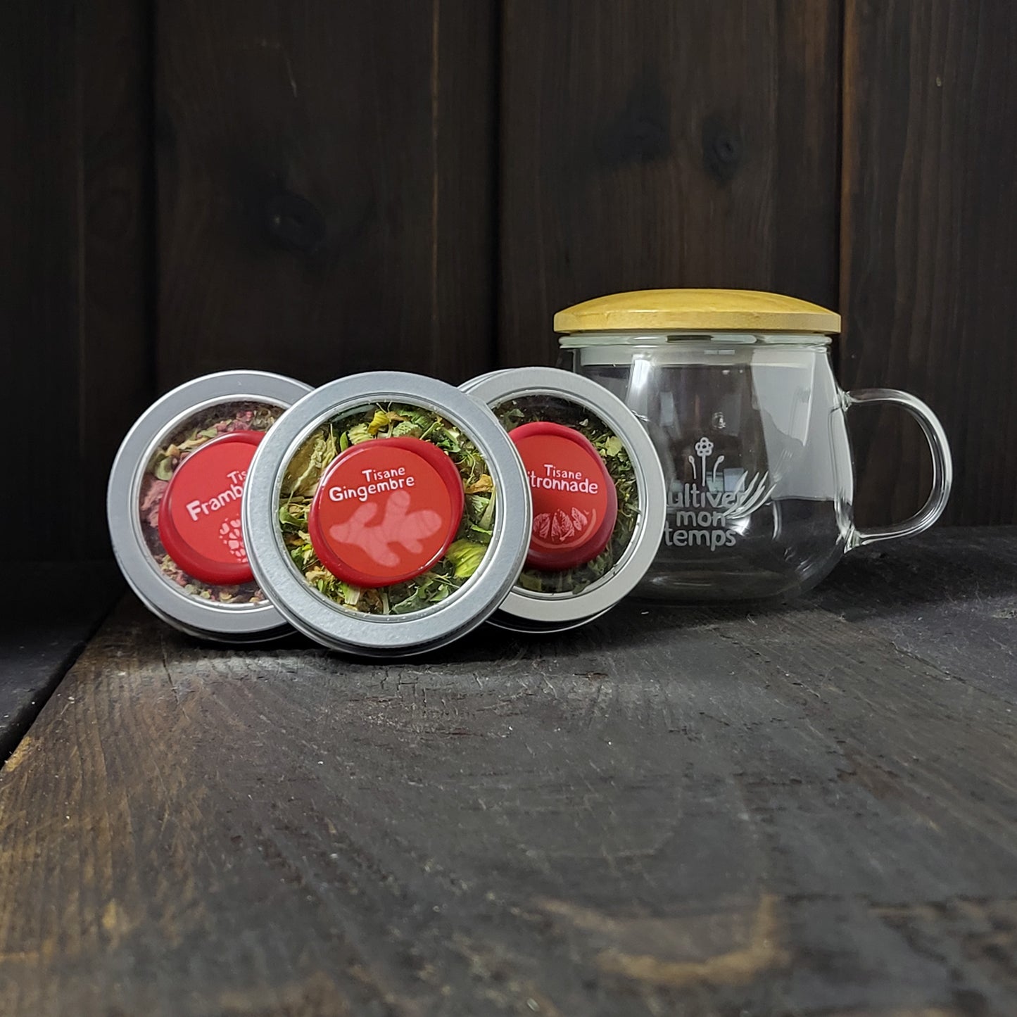 Tasse, infuseur et collection de 3 tisanes 60ml framboise, gingembre et citronnade